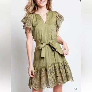 Rails Olive Eyelet Flutter-Sleeve Mini Dress NWT Medium